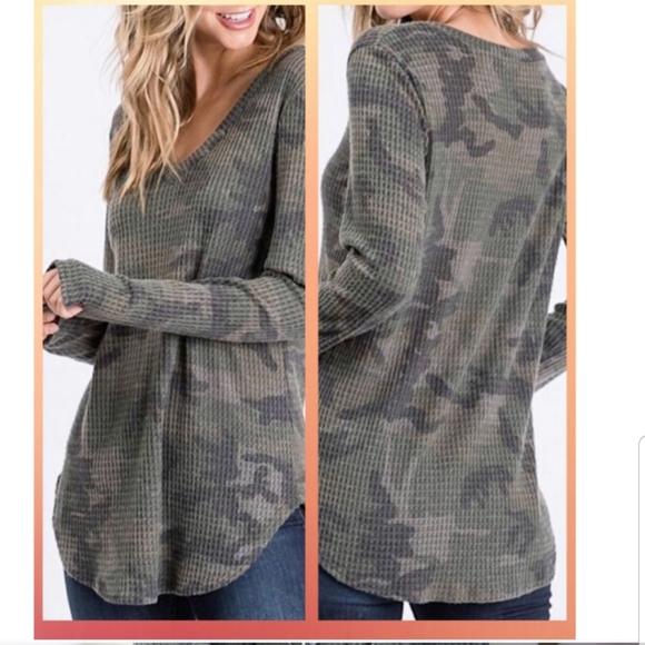 Camo Brushed Waffle Knit Tunic Top V-Neck - Picture 5 of 6